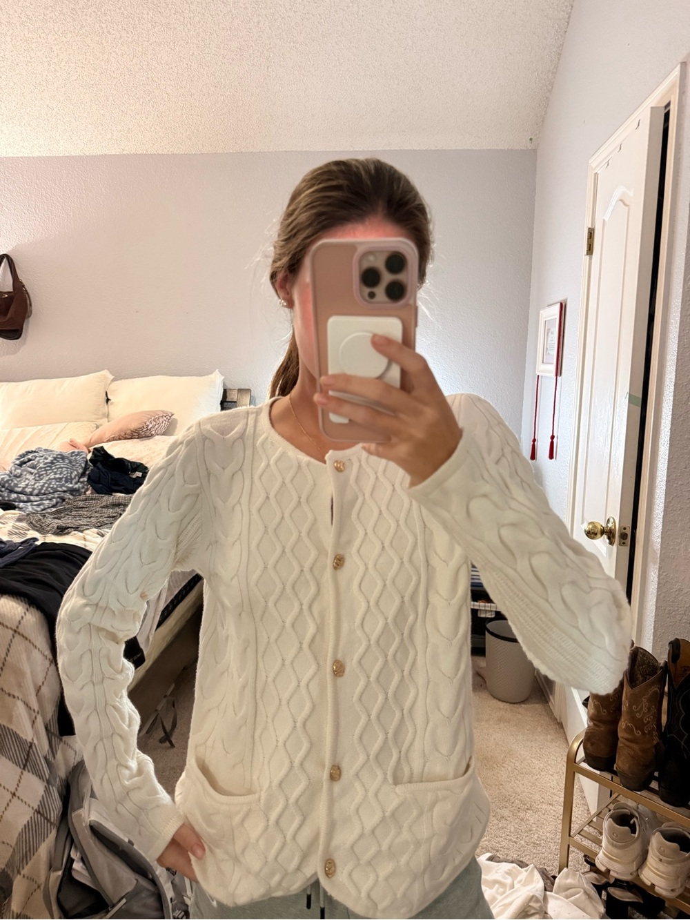 Cream Cable-Knit Button Cardigan Sweater